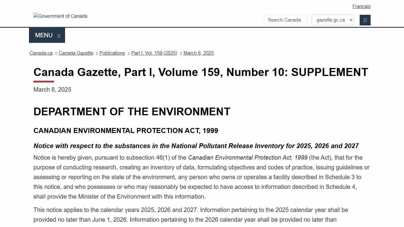 Canada Gazette, Part 1, Volume 159, Number 10: SUPPLEMENT